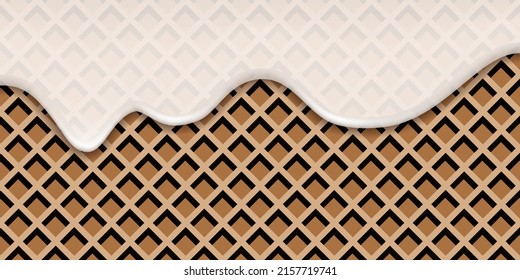 Milk Cream Wave Splash On Chocolate Waffle. Liquid Flowing Drip Milk Wavy Swirl, White On Cocoa Choco Wafer Texture. Sweet Dessert Background. Vector Illustration