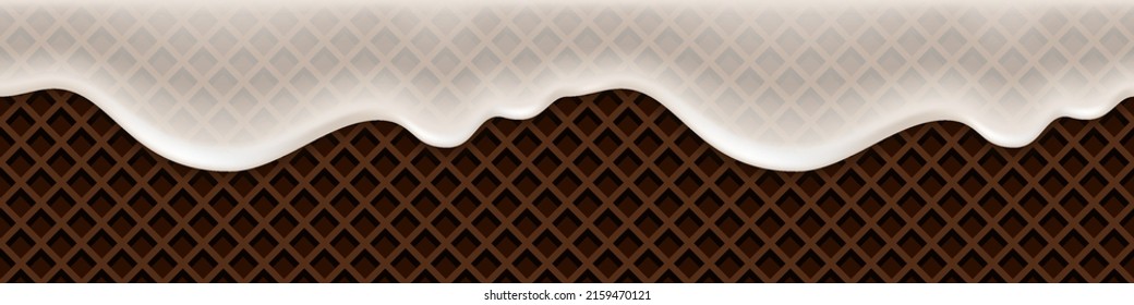 Milk cream wave splash on chocolate waffle. Liquid flowing drip milk wavy swirl, white on dark brown choco wafer texture. Sweet dessert background. Vector illustration