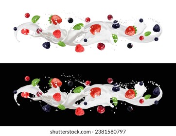 La crema de leche o el yogur beben una ola salpicada de bayas y hojas verdes. Flujo de bebidas de yogur realista. 3.d cóctel vectorial lechero, flujo líquido blanco con fresa, arándano, arándano y frambuesa