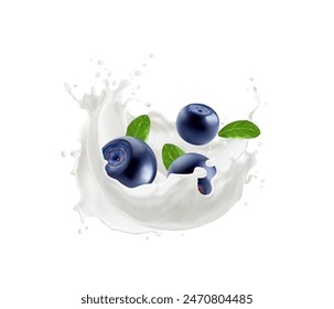 Milk cream or yoghurt splash with blueberry fruit, surrounded by a creamy liquid splatter and green leaves. Realistic 3d vector plump berries capturing the juicy freshness and vibrant colors of summer