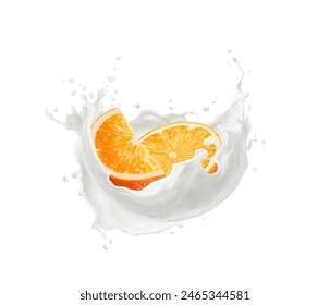 Milk cream or yoghurt splash with orange fruit. Realistic 3d vector vibrant juicy slice immersed in a creamy white liquid splatter, dynamic and refreshing citrus fruits with dairy products or yogurt