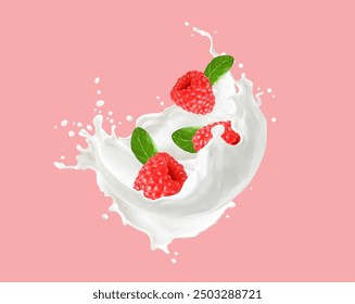 Milchcreme oder Jogurt mit Himbeere für Milchgetränk oder Milchshake, realistischer Vektor. Himbeerbeeren mit grünen Blättern fallen in Milchwelle Spritzer für Eis Dessert oder süßen Geschmack Jogurt