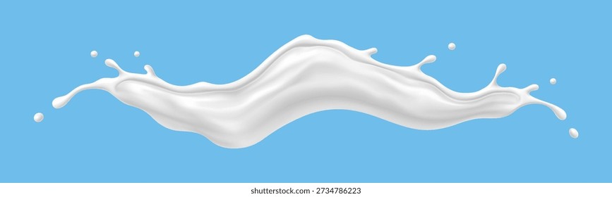 Milk cream yoghurt wave splash, isolated 3d vector white dairy product flow with drops, realistic fluid with splatters. Liquid milky stream, fresh food, calcium natural food or beverage ingredient
