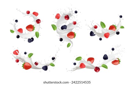 Milk cream, yogurt or dessert drink swirl splash, wave flow with berries mix. 3d vector realistic strawberry, blackberry, raspberry, cranberry and black currant with cherry and green leaves or drops