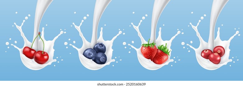 Milk, cream or yogurt liquid splash collection with strawberry, cranberry, blueberry and cherry on light blue background.