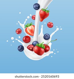 Milk, cream or yogurt liquid splash with strawberry, cranberry, blueberry and cherry on light blue background.