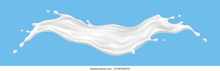 Milk cream yogurt wave splashes. Realistic vector white milk splashes and swirling waves on blue background. Elegant, glossy design for food packaging, cosmetic branding, or healthy lifestyle graphics