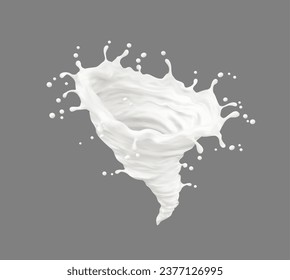 Milk cream or yogurt white splash. Realistic liquid tornado flow or swirl. Isolated 3d vector dairy product vortex with splatters and drops. Stream, whirl, twist dynamic motion with scatter droplets