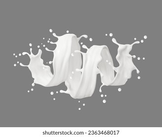 Milk-Creme oder Jogurt weißer Wellenfluss spritzen. Realistische Flüssigkeit Tornado wirl spritzen. Isolierte 3D-Vektorgrafik-Wirbel mit Plattern und Tropfen. Stream, spirituelle dynamische Bewegung mit Streutropfen