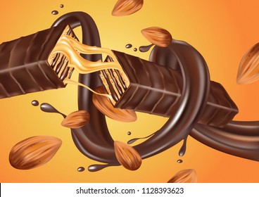 Milk creame and chocolate bar with splashing liquid and almond seeds ads, isolated on white background, Vector realistic 3d illustration, of free space for your copy and branding. Food concept.