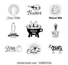 Milk and creamery labels, emblems and design elements. Vector Illustration Isolated On White Background.