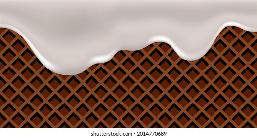 Milk creamy dripping wave splash on waffle texture. Melted liquid flowing milk icing glaze with sweet chocolate wafer. Vector illustration