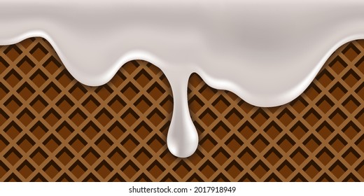 Milk creamy dripping wave splash on waffle texture. Melted liquid flowing milk icing glaze with sweet chocolate wafer. Vector illustration