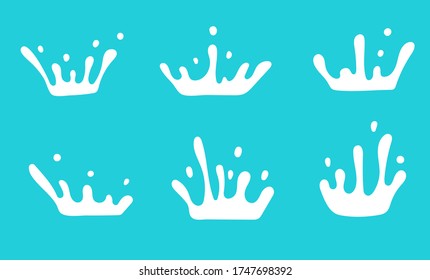 Milk crown badge and dairy labels with splashes and bolts. Milk badge with drop and splash for labels of package. Vector set