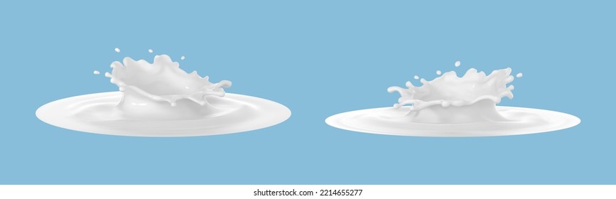 Milk crown splash set isolated on blue background. Natural dairy product, yogurt or cream splash with flying drops. Realistic Vector illustration