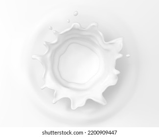 Milk crown splash, splashing in milk pool. Splashing milk top view. Vector realistic illustration