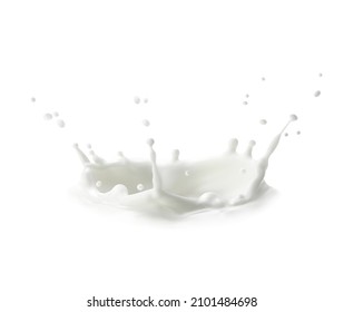 Milk crown splash, splatters and white milky drops, realistic vector. Milk splash flow or cream drink pouring wave with spatter and splatter of drips, liquid yogurt whirl for dairy products background