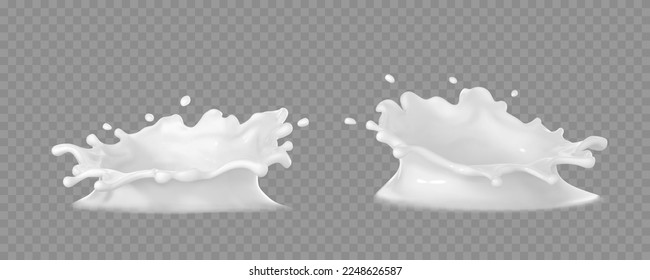 Milk crown splashes isolated on transparent background. Vector realistic milk splash.