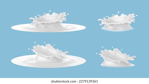 Milk crown splashes isolated on blue background. Vector realistic set of milk splashes.
