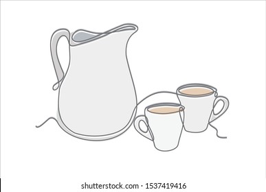 Milk and cup of coffee continuous one line drawing minimalism design isolated on white background