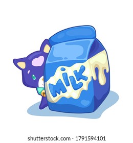 Milk and cute kitten vector illustration on white background. Cartoon cat and milk retro pack sticker. Cute print for kids t-shirt. Cat sticker isolated. Domestic animal character. Healthy food icon