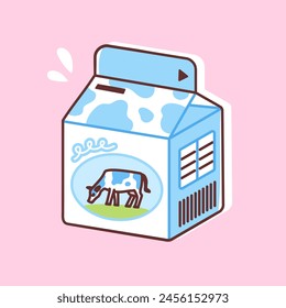 Milk in a cute packaging with a picture of grazing cow on it. Vector illustration of healthy dairy drink in colorful flat style.