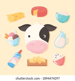 milk dairy cartoon icons set cow cheese cream butter ice cream vector illustration