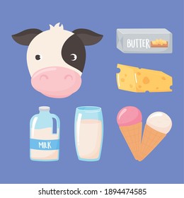 milk dairy cartoon icons set cow ice cream butter cheese beverage vector illustration