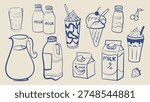 Milk and dairy doodle set with bottles, carton, jug, milkshake, ice cream and drinks. Hand drawn line illustration collection for menu, packaging, cafe and food design.