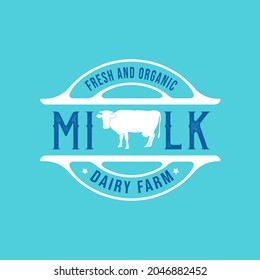 Milk and Dairy Farm Product Logo. With milk glass, and cow silhouette. Premium, luxury, and vintage emblem label