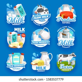 Milk and dairy food products vector icons. Natural organic dairy farm milk splash pouring in glass cup from jug, cheese and butter, company signs or package emblems