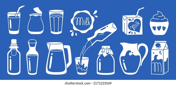 Milk dairy food symbol set. Farm foodstuff yogurt, drink in glass, jug, bottle or carton package line sign design. Natural milk products graphic element. Vector illustration