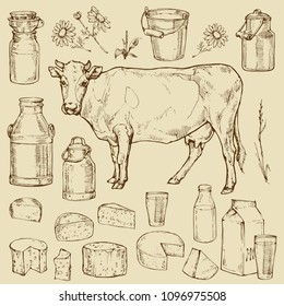 Milk dairy produce elements collection set: bucket of milk, cow, bottle, grass, cheese vintage engraving vector sketch stock illustration