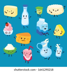 Milk and dairy product cartoon character set vector illustration. Collection of milky food smiling for healthy breakfast. Isolated milk, cheese and yogurt in bottle and packaging.