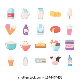 Milk Dairy Product Cartoon Icons Set Bottle Box Cheese Butter Milkshake Ice Cream And More Vector Illustration