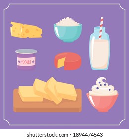 milk dairy product cartoon icons set cheese yogurt butter beverage vector illustration