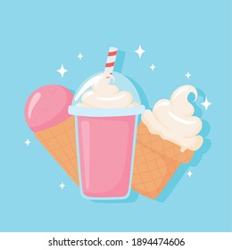 milk dairy product cartoon icons set, milkshake ice cream and cone vector illustration