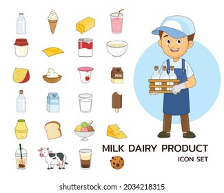 Iconos planos del concepto de productos lácteos de leche.