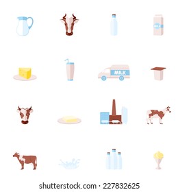 Milk dairy product flat icons set with cow cheese yogurt cream isolated vector illustration