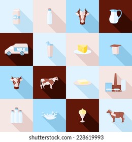 Milk Dairy Product Flat Long Shadow Icons Set With Processing Splash Sour Cream Isolated Vector Illustration