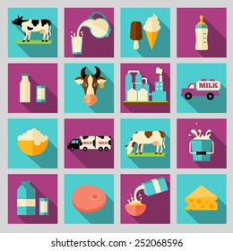 Milk dairy product flat long shadow icons set with processing splash sour cream isolated vector illustration