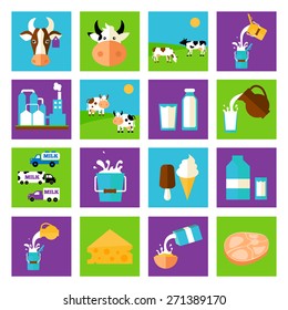 Milk Dairy Product Flat Long Shadow Icons Set With Processing Splash Sour Cream Isolated Vector Illustration