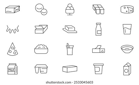 Milk and Dairy Product line icon set. Cream, butter, cheese, infant formula, yogurt, parmesan, mozzarella, porridge, kefir, parmesan line icon set. Ui thin line icon pack.