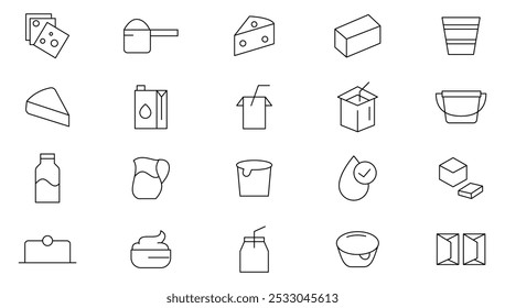 Milk and Dairy Product line icon set. Cream, butter, cheese, infant formula, yogurt, parmesan, mozzarella, porridge, kefir, parmesan line icon set. Ui thin line icon pack.