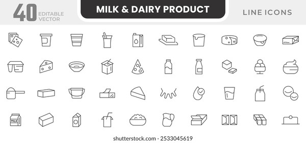 Milk and Dairy Product line icon set. Cream, butter, cheese, infant formula, yogurt, parmesan, mozzarella, porridge, kefir, parmesan line icon set. Ui thin line icon pack.