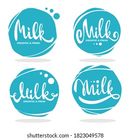 Milk and Dairy Product Logo, Label, Emblem With Hand Drawn Lettering Composition