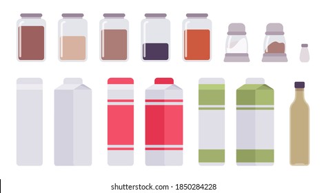 Milk, dairy product packaging template, oil and spice glass bottle. Various kitchen cabinets, pantry box for household, food marketing storing. Vector flat style cartoon illustration, different views