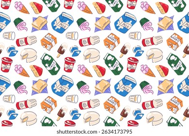 Milk dairy product seamless pattern in flat style. Wallpaper design with ice cream, cupcake, cheese, butter, whipped cream, glass of milk on a white background.