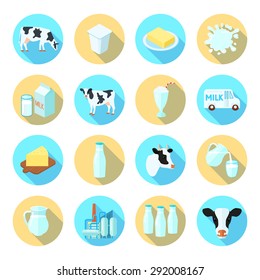 Milk dairy production farm flat icons set with cheese butter round shadow set abstract isolated vector illustration