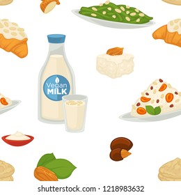Milk, dairy products and bakery sweets food vector. Healthy meal Seamless pattern isolated on white background, plate served with salad and sauce, hazelnut and glass with organic beverage.